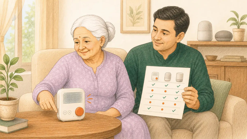 Older Indian woman comparing AI companion devices with her son in a bright living room