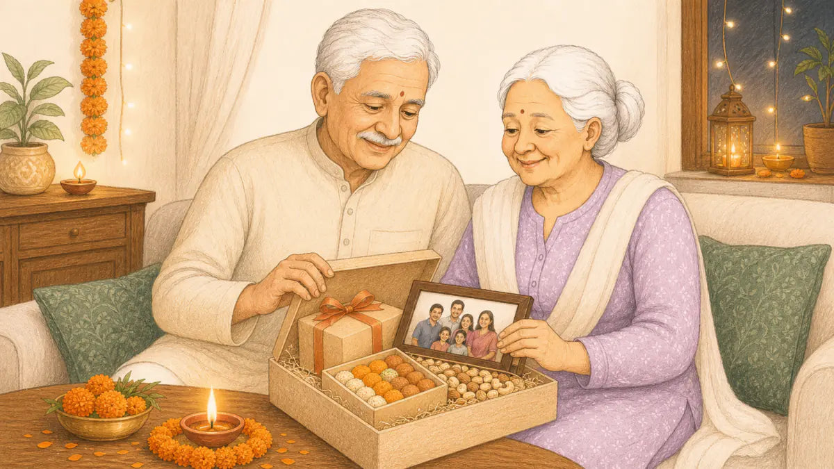 Older Indian couple opening a thoughtful Diwali gift hamper with sweets and a family photograph
