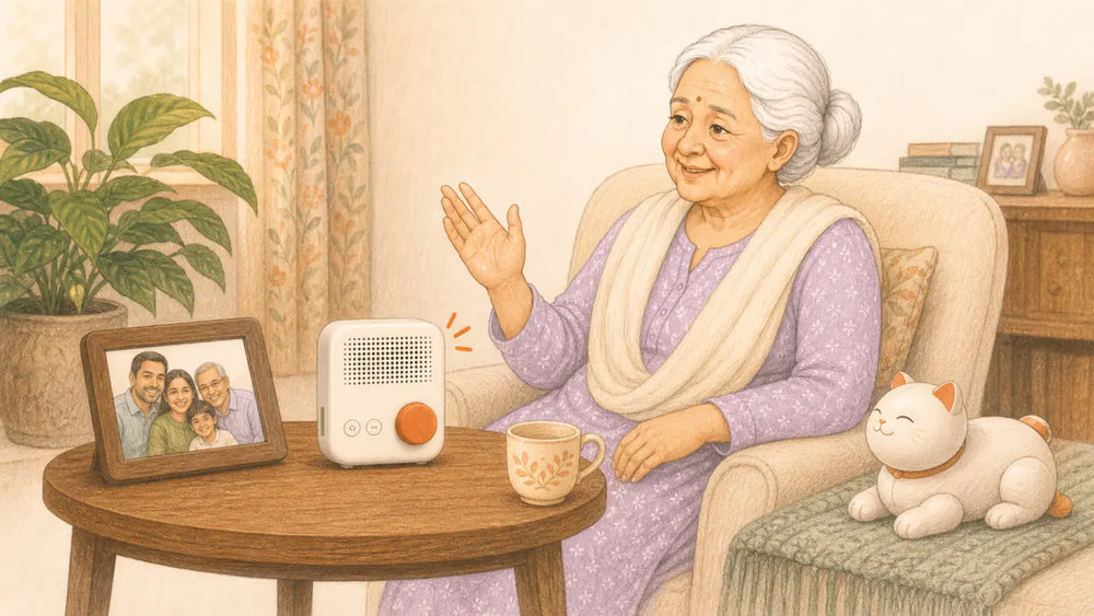 Older Indian woman chatting with a voice companion beside a family photo frame and robotic cat