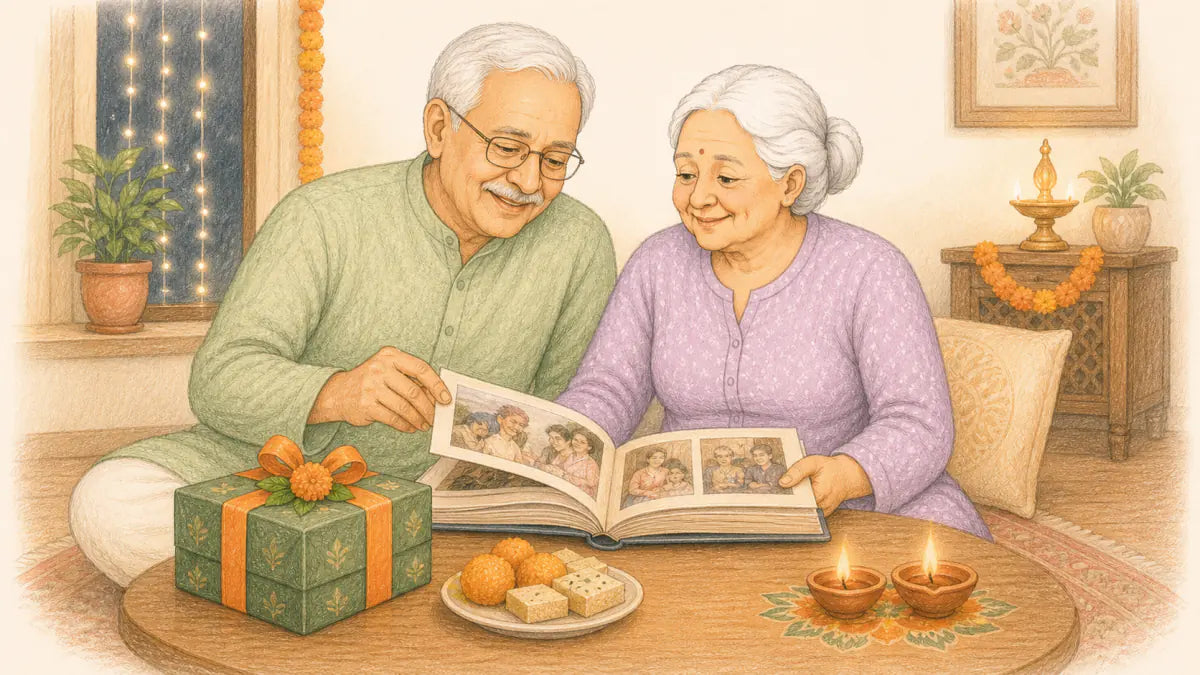 Older Indian couple looking through a family photo book together during Diwali