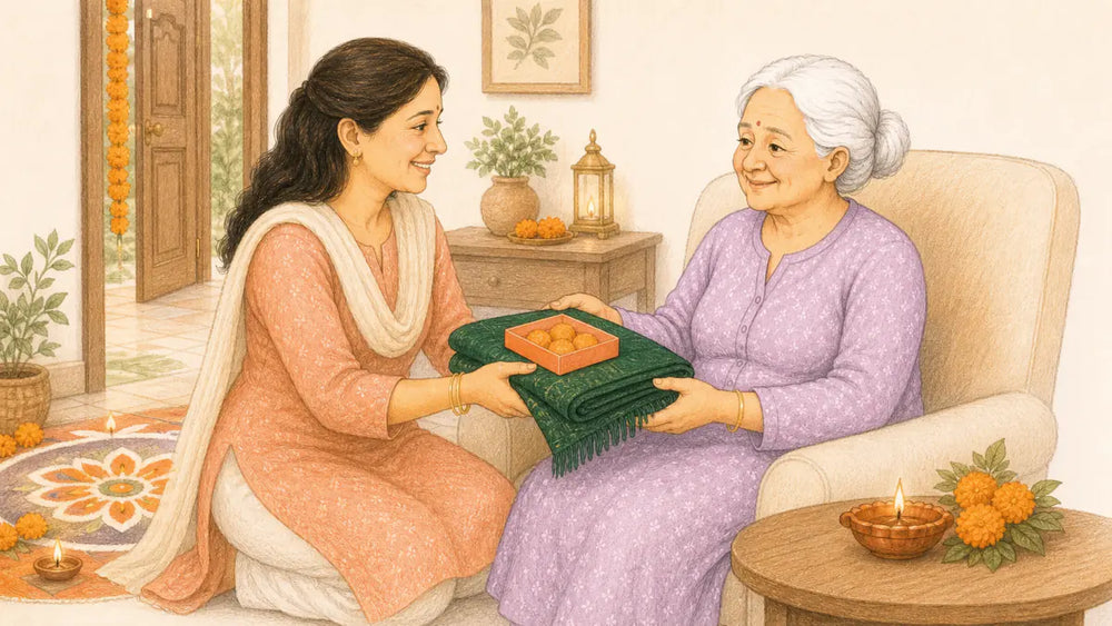 Daughter-in-law giving her mother-in-law a green shawl and mithai for Diwali