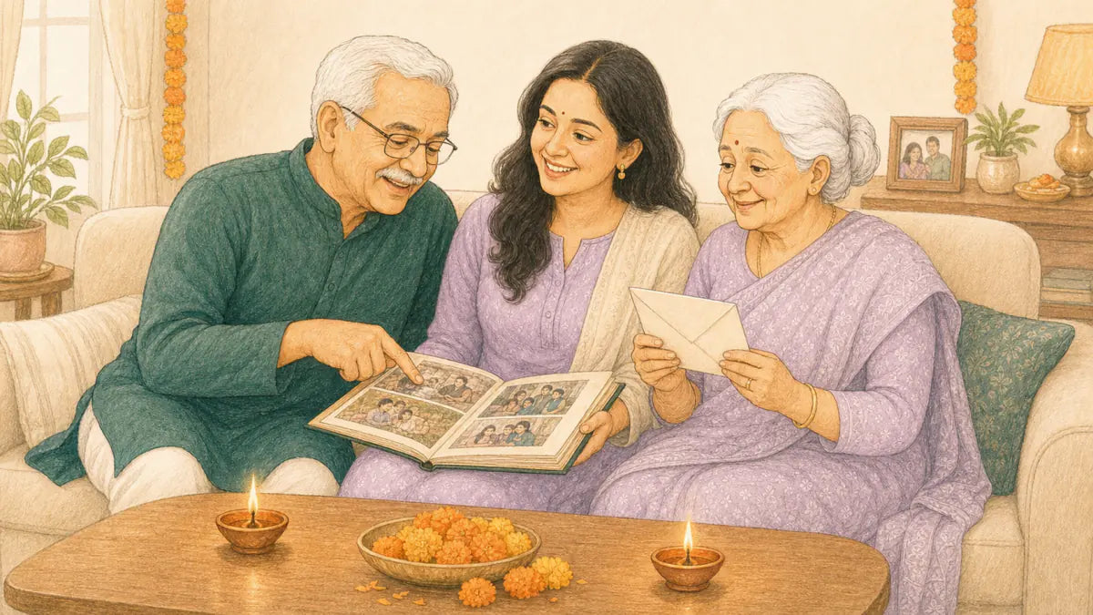 Daughter sharing a family photo album and letter with her parents during Diwali