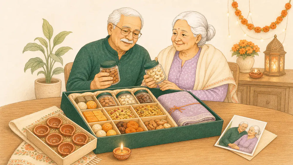 Older Indian couple unpacking a Diwali hamper with sweets, dry fruits, diyas and a shawl