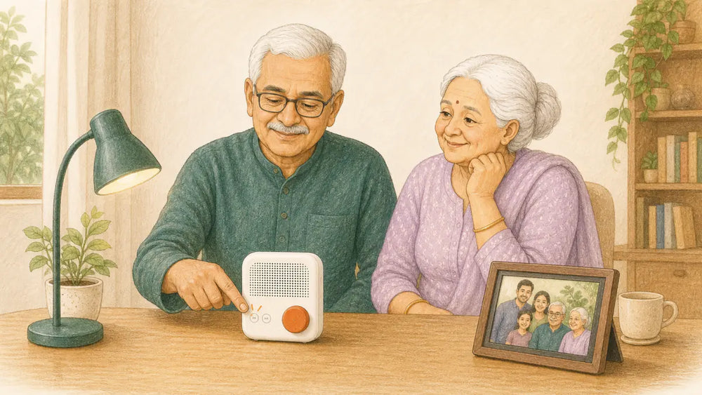 Older Indian couple easily using a one-button voice companion at a reading table