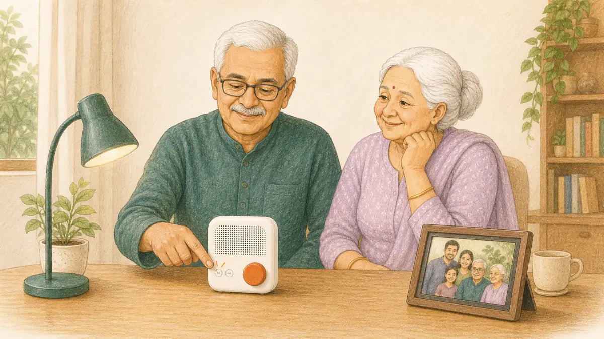 Older Indian couple easily using a one-button voice companion at a reading table