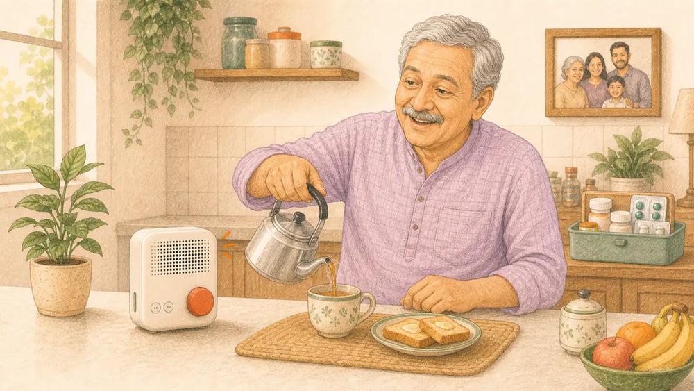 Older Indian father pouring morning chai while chatting with a voice companion