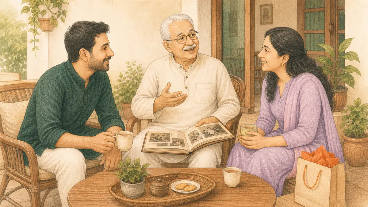 Elderly Indian father sharing stories and a photo album with his adult children