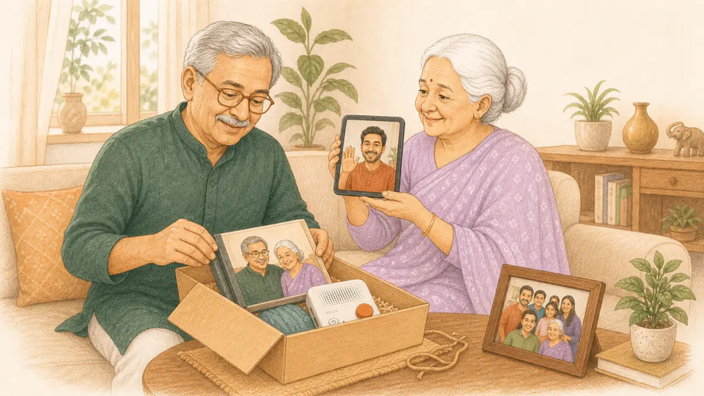 Parents in India opening a Father's Day parcel while video calling their son abroad