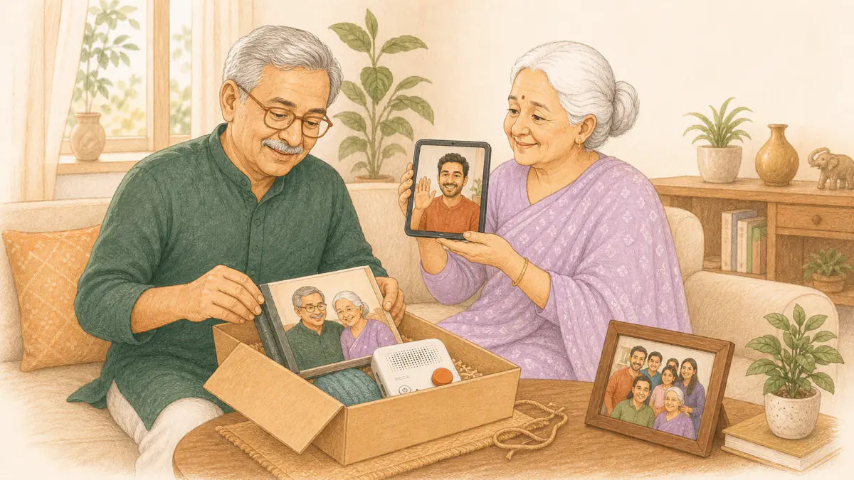 Parents in India opening a Father's Day parcel while video calling their son abroad