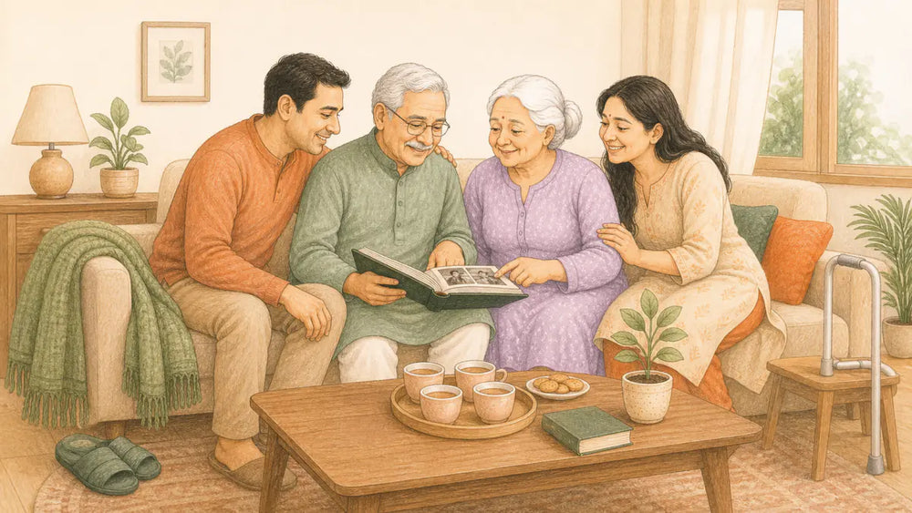 Older Indian couple sharing a family album and tea with their adult children