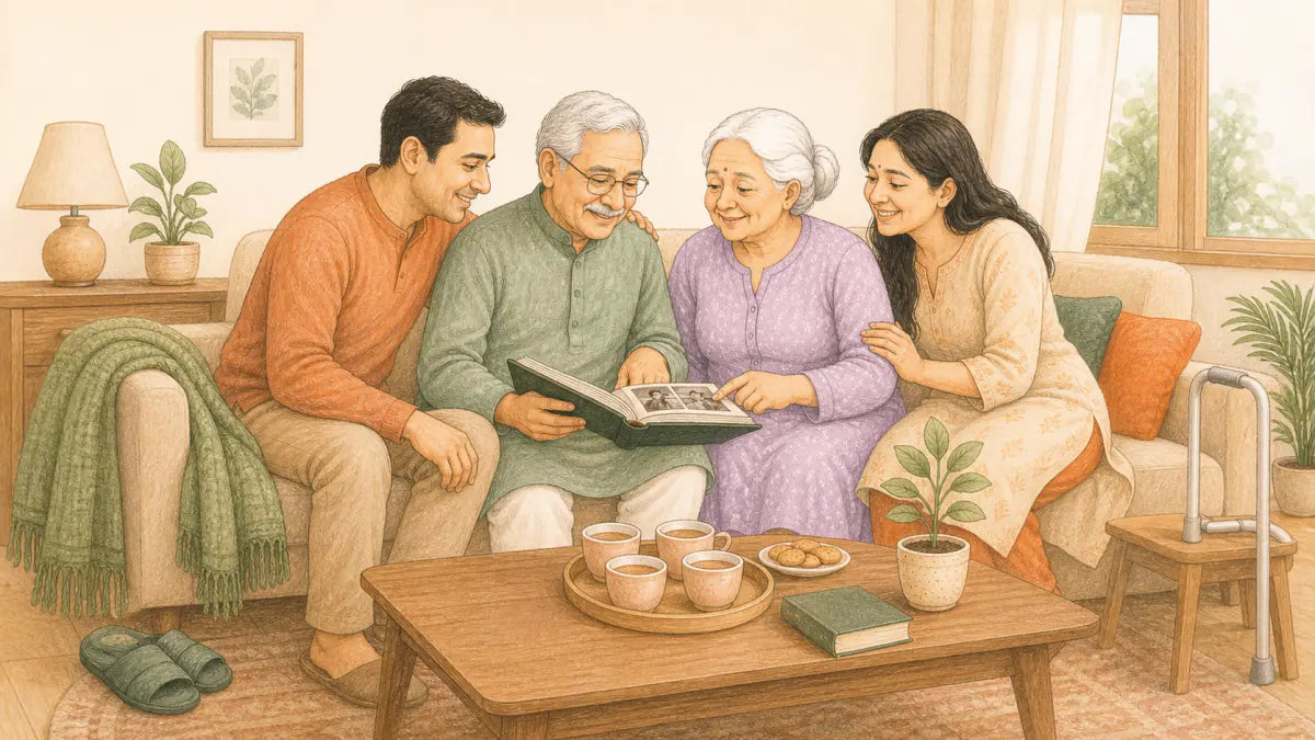 Older Indian couple sharing a family album and tea with their adult children