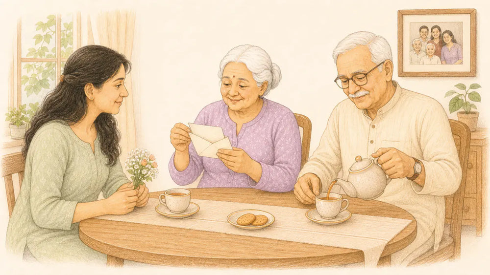 Older Indian parents enjoying tea and a handwritten letter with their daughter