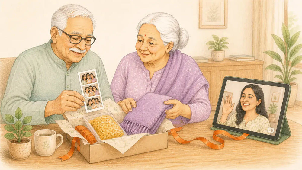 Older Indian parents opening a care parcel while video calling their daughter