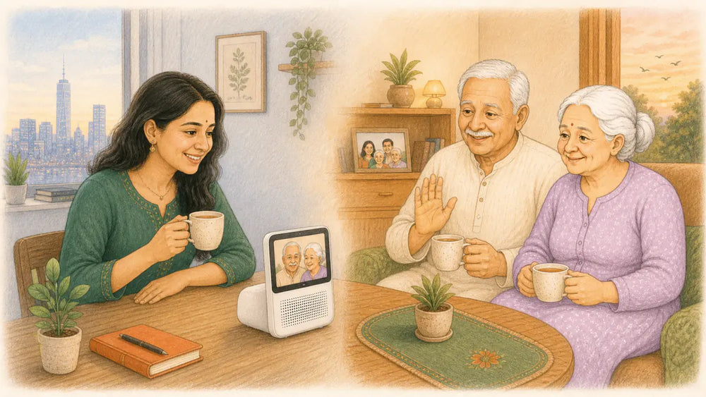 Daughter abroad and her aging parents in India sharing tea over a video call