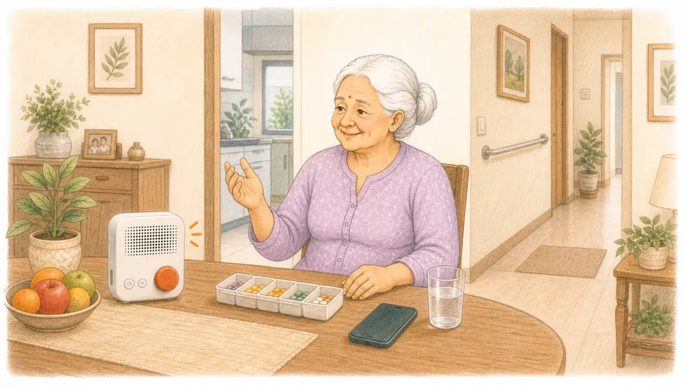 Older Indian woman following her morning medicine routine while using a voice companion