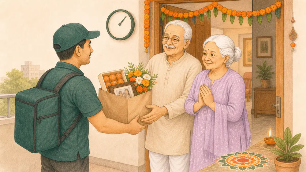 Courier delivering a last-minute Diwali gift of sweets, flowers and a family photo to older parents