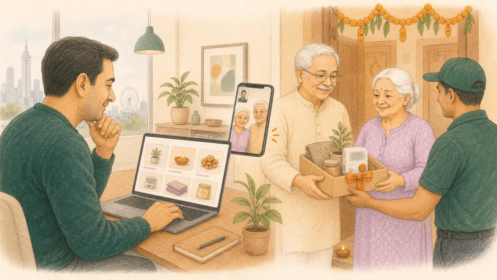 NRI arranging a Diwali delivery as his parents in India receive a festive care hamper