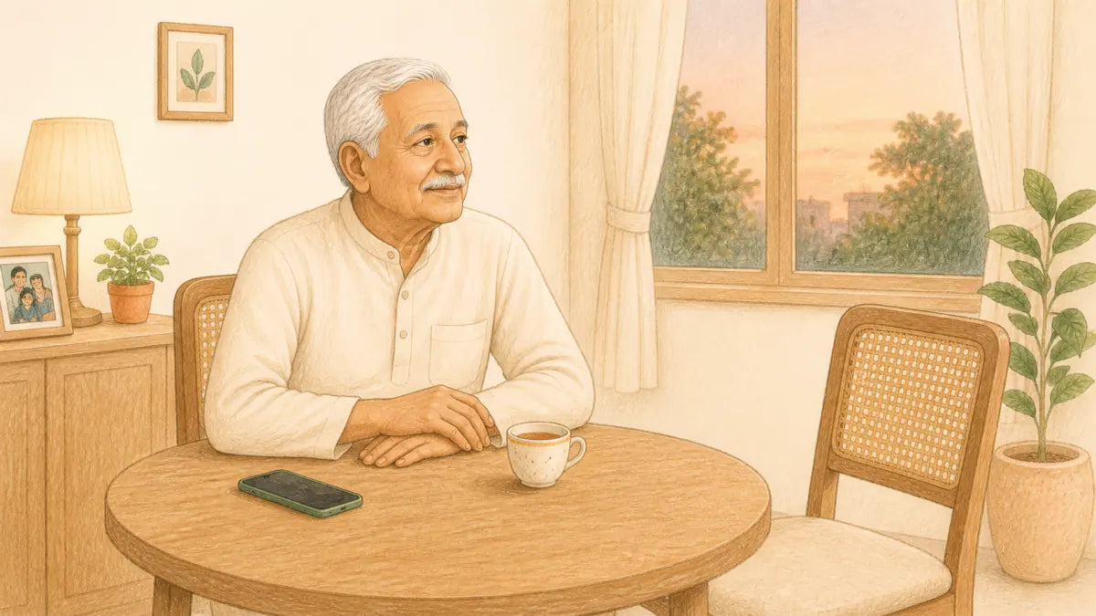 Older Indian father sitting with chai and a phone beside an empty chair at dusk