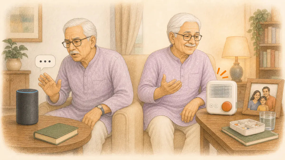 Older Indian father comparing a generic smart speaker with a conversational AI companion