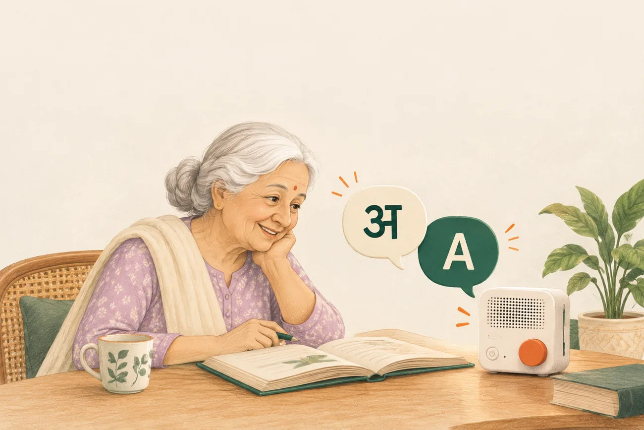 An older woman learning a new language with Reca