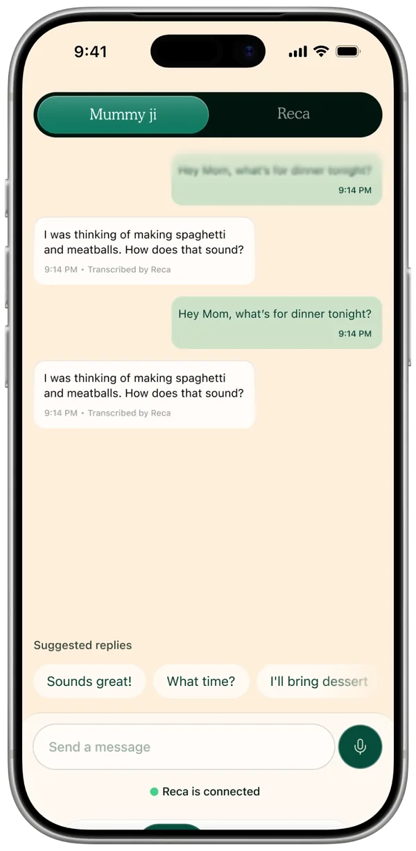 A family conversation in the Reca companion app