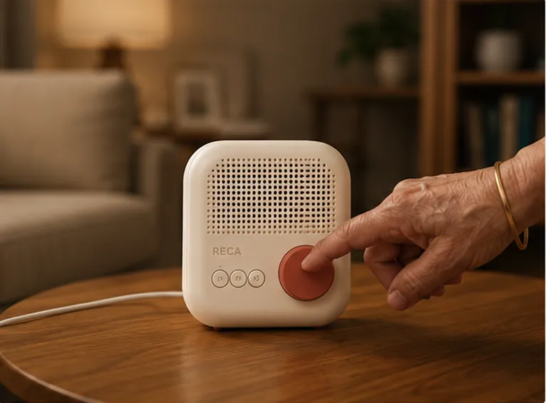 An elderly hand pressing the single button on the Reca Suno device