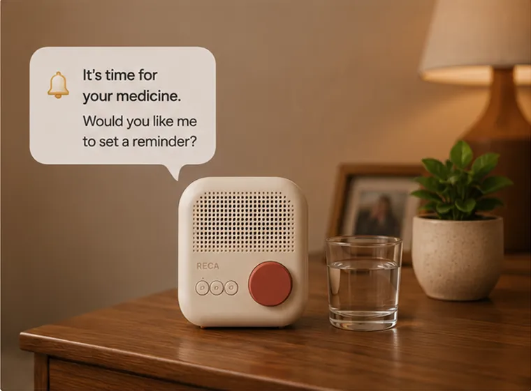 The Reca device on a bedside table reminding a user it is time for their medicine