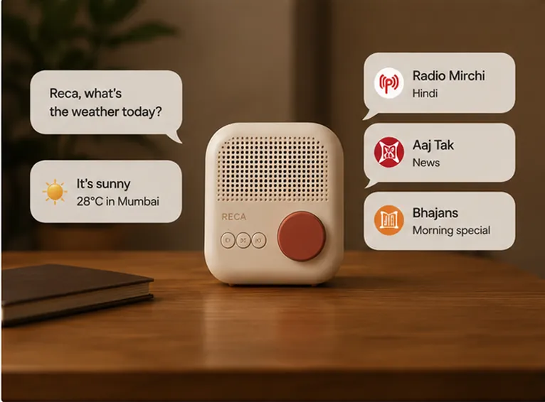 The Reca device answering a question and offering Hindi radio, news and bhajans on request
