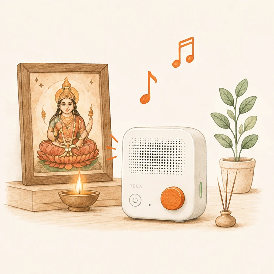 Illustration of Reca Suno playing bhajans beside a lit diya and a framed image of Lakshmi
